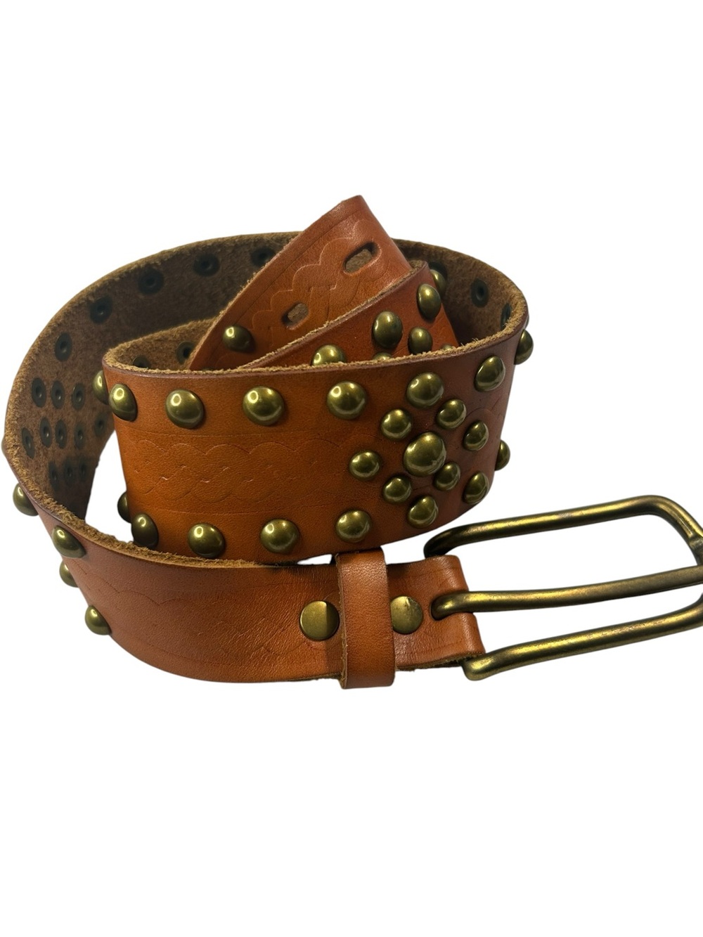 New Gap Small Brown Leather Belt Brass Buckle & Stud Boho Retro Festival Caramel